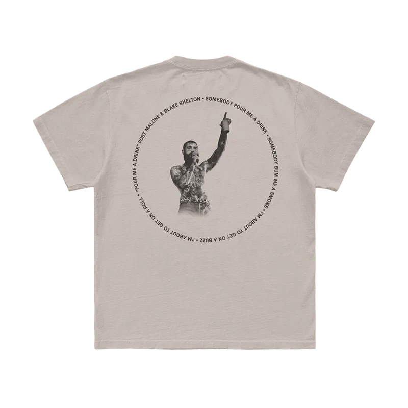 Back view of Post Malone Pour Me A Drink t-shirt with live performance photo and circular Blake Shelton collaboration graphic print