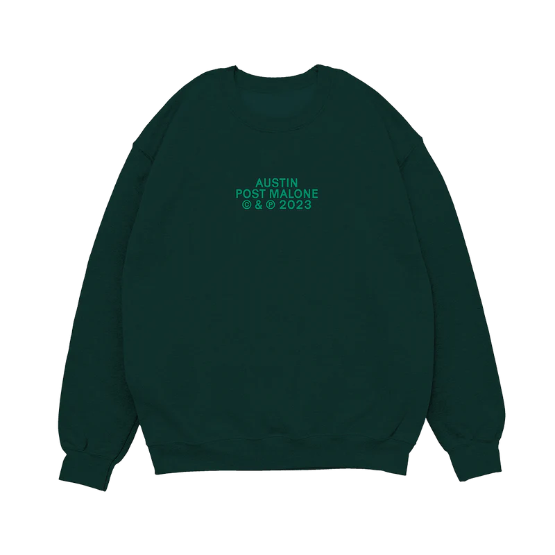 Front view of dark green Post Malone Austin crewneck with minimalist album logo and relaxed heavyweight fit