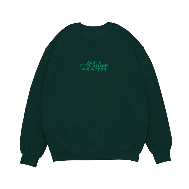 Front view of dark green Post Malone Austin crewneck with minimalist album logo and relaxed heavyweight fit
