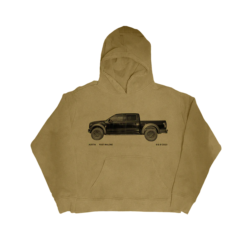 Front view of tan Post Malone Truck Graphic streetwear hoodie featuring black pickup truck artwork and minimalist Austin album-inspired design