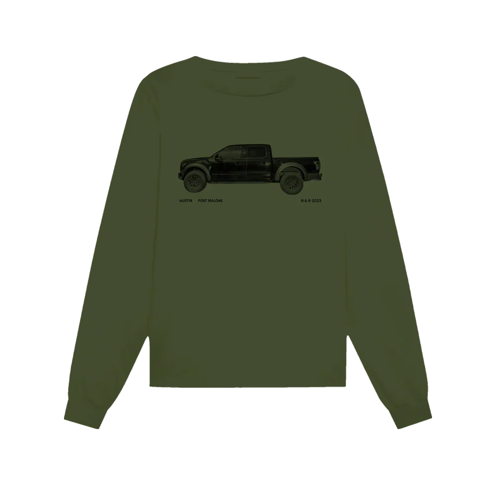 Olive green Post Malone long sleeve tee with black truck graphic and minimalist Austin era streetwear design