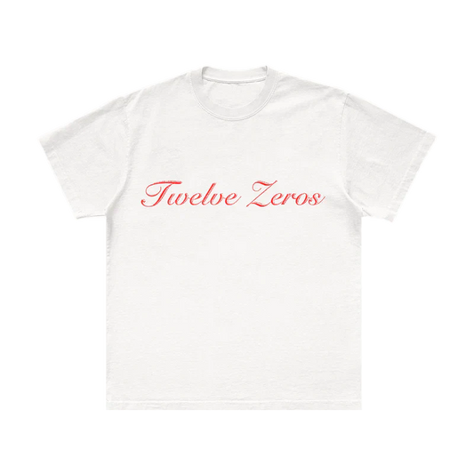 Back view of white Post Malone Twelve Zeros tee with red numeric graphic layout and minimalist merch aesthetic