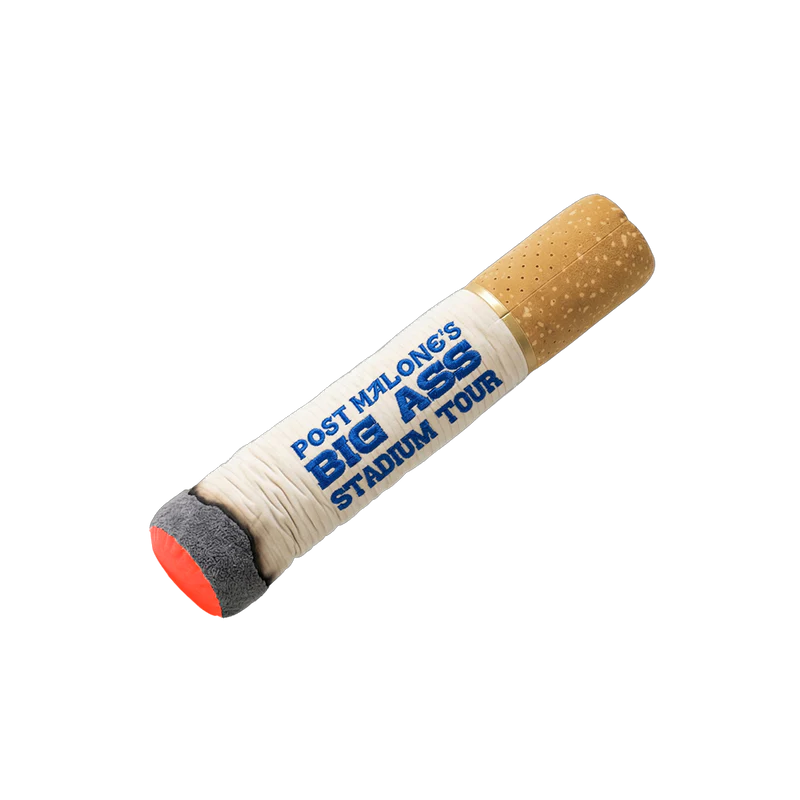 Post Malone Big Ass Stadium Tour body pillow shaped like a cigarette with bold blue tour graphic and plush finish