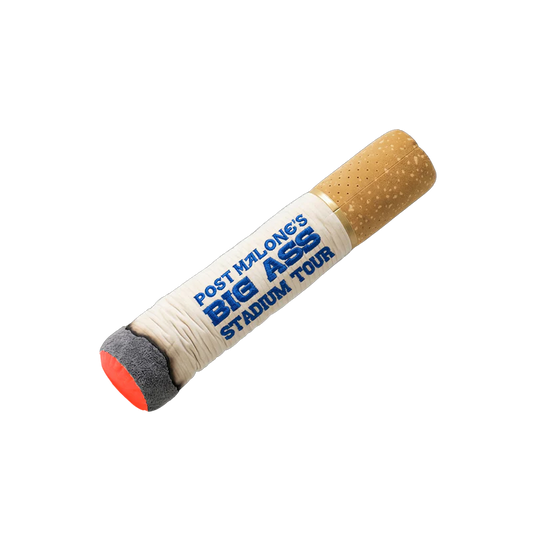 Post Malone Big Ass Stadium Tour body pillow shaped like a cigarette with bold blue tour graphic and plush finish