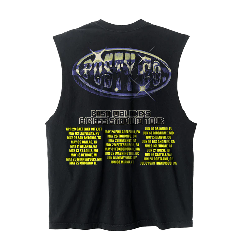 Back view of black Post Malone tank top with Posty Co graphic and Big Ass Stadium Tour city dates print
