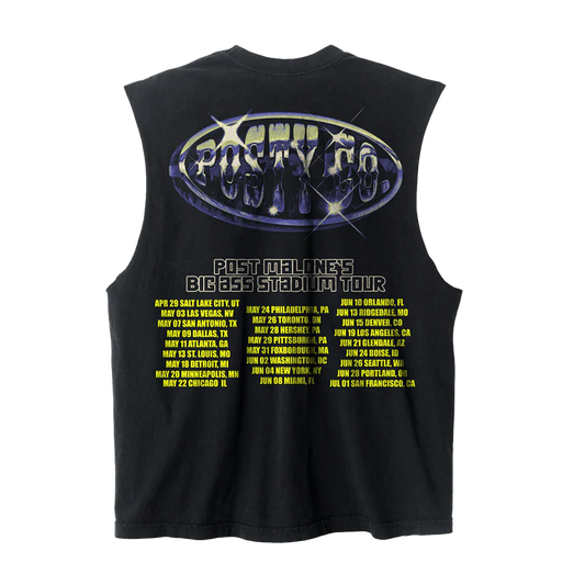 Back view of black Post Malone tank top with Posty Co graphic and Big Ass Stadium Tour city dates print