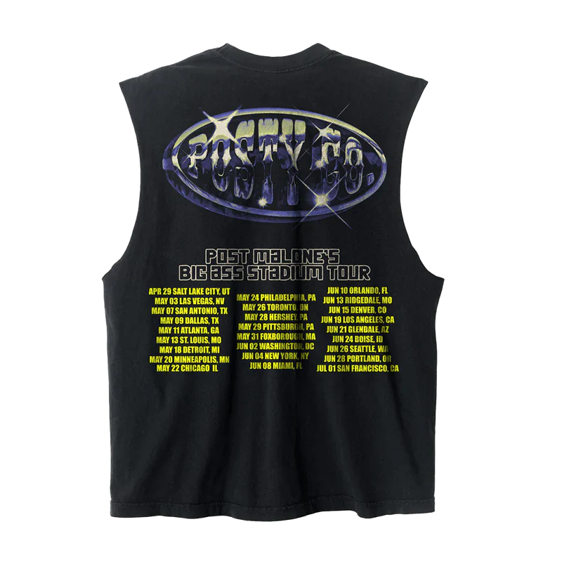 Back view of black Post Malone tank top with Posty Co graphic and Big Ass Stadium Tour city dates print