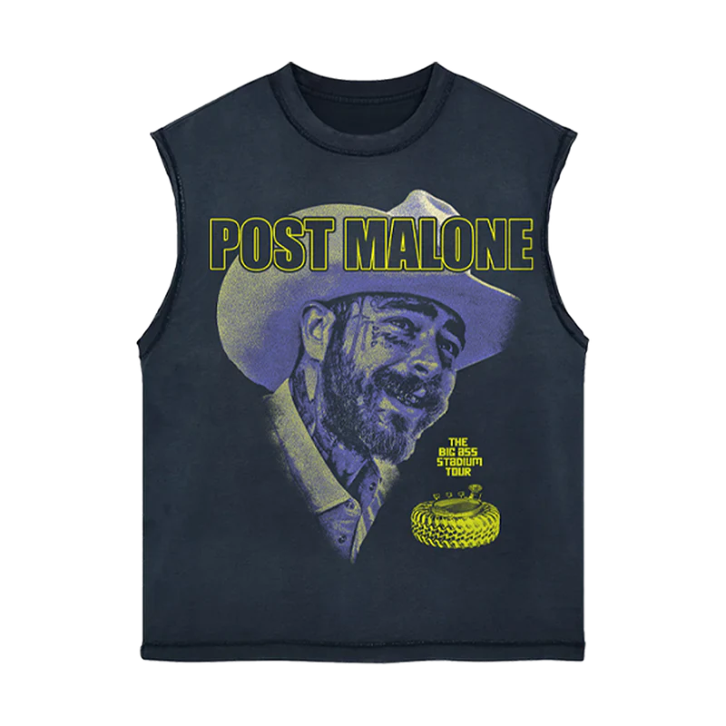 Black Post Malone cut out tank with cowboy portrait graphic and Big Ass Stadium Tour western streetwear artwork