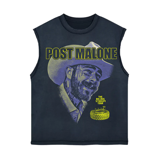 Black Post Malone cut out tank with cowboy portrait graphic and Big Ass Stadium Tour western streetwear artwork