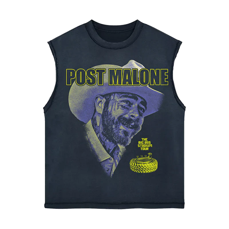 Black Post Malone cut out tank with cowboy portrait graphic and Big Ass Stadium Tour western streetwear artwork