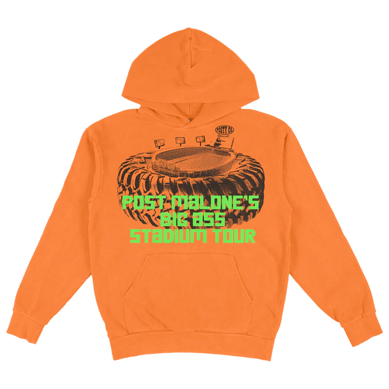 Front view of orange Post Malone Big Ass Stadium Tour hoodie featuring monster truck stadium graphic and neon green tour text design