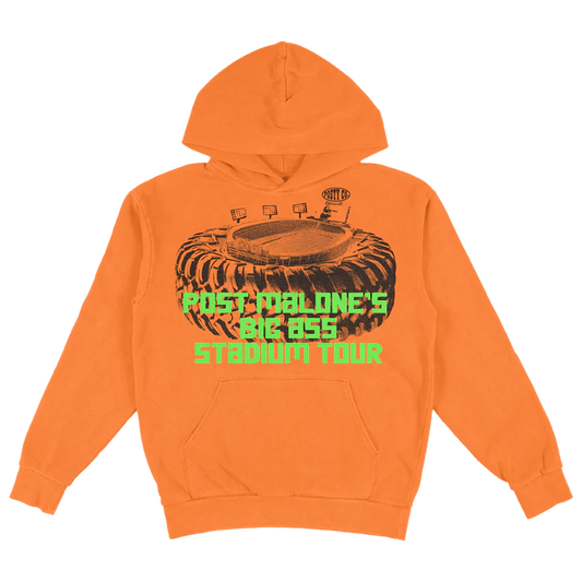 Front view of orange Post Malone Big Ass Stadium Tour hoodie featuring monster truck stadium graphic and neon green tour text design