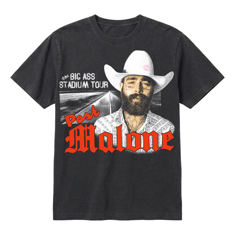 Black Post Malone tour merch tee with cowboy portrait graphic and Big Ass Stadium Tour streetwear design