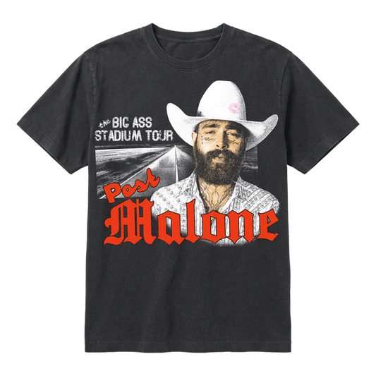 Black Post Malone tour merch tee with cowboy portrait graphic and Big Ass Stadium Tour streetwear design