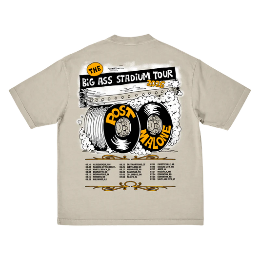 Back view of beige Post Malone tour merch tee with tire graphic artwork and Big Ass Stadium Tour 2026 dates
