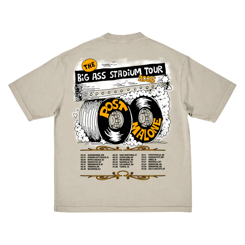 Back view of beige Post Malone tour merch tee with tire graphic artwork and Big Ass Stadium Tour 2026 dates