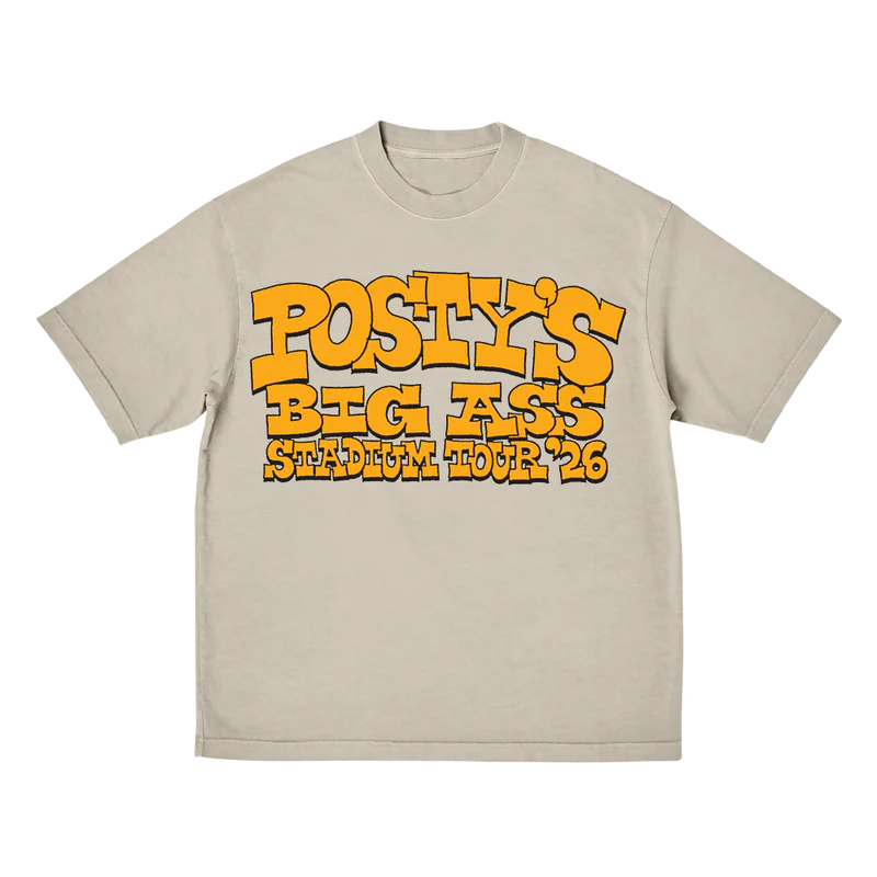 Beige Post Malone merch T-shirt front with bold Big Ass Stadium Tour 2026 graphic in vintage streetwear style