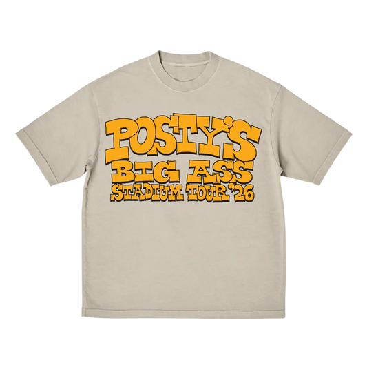 Beige Post Malone merch T-shirt front with bold Big Ass Stadium Tour 2026 graphic in vintage streetwear style