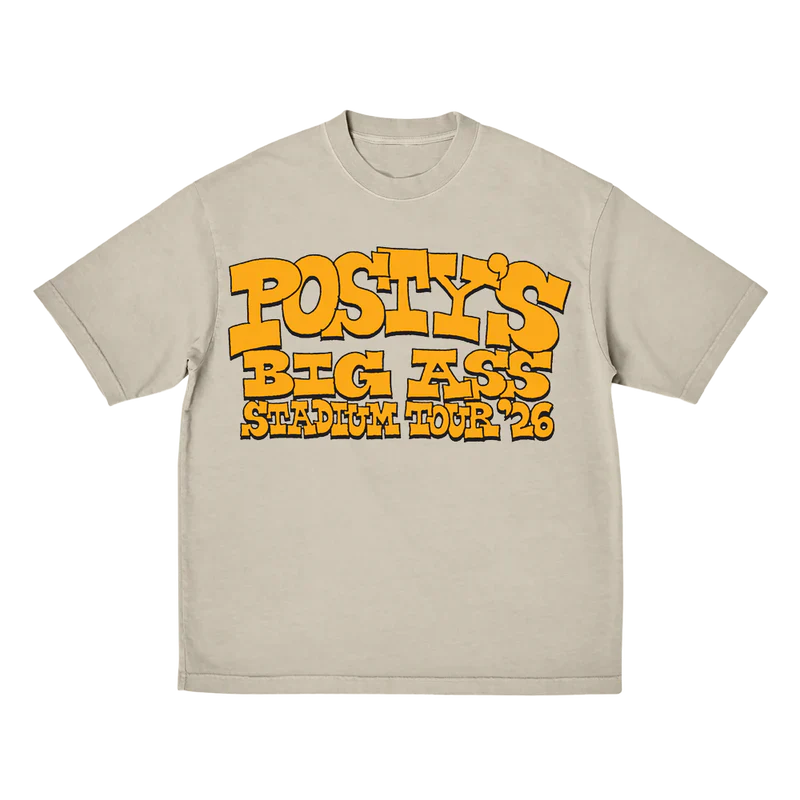 Beige Post Malone merch T-shirt front with bold Big Ass Stadium Tour 2026 graphic in vintage streetwear style