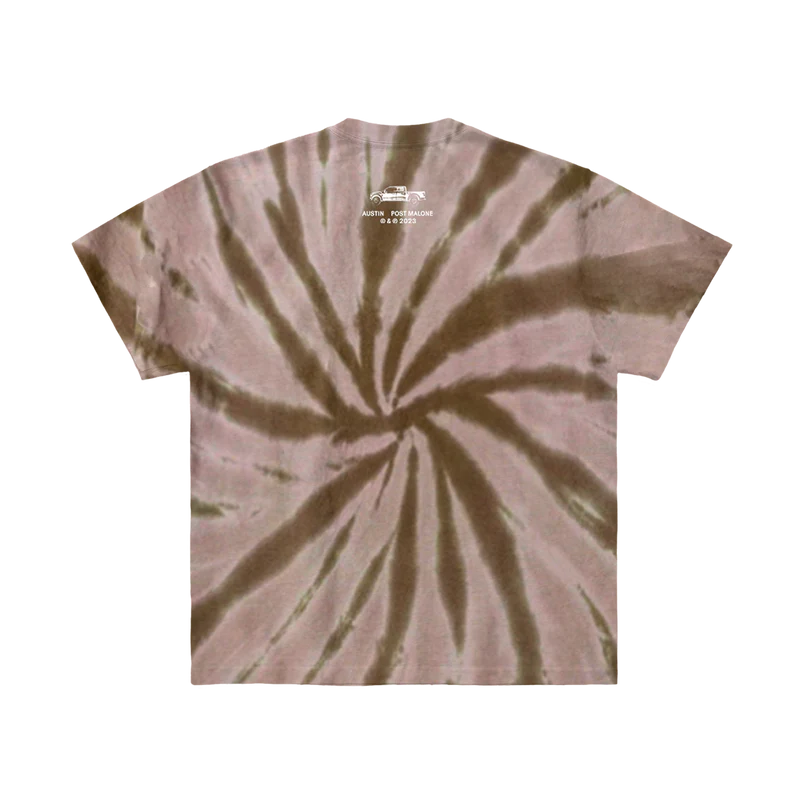 Back view of brown tie dye Post Malone Austin shirt with oversized spiral wash pattern and relaxed streetwear fit
