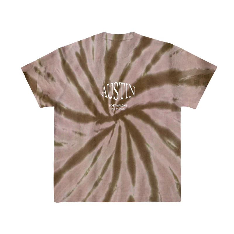 Brown tie dye Post Malone Austin tee with centered white album logo and vintage spiral streetwear pattern