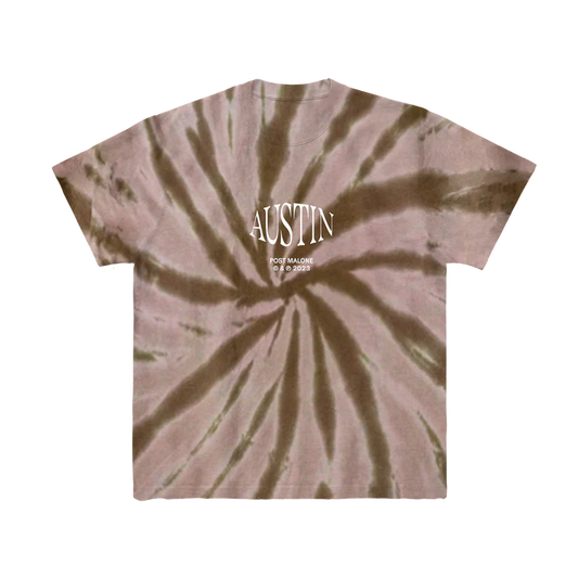 Brown tie dye Post Malone Austin tee with centered white album logo and vintage spiral streetwear pattern