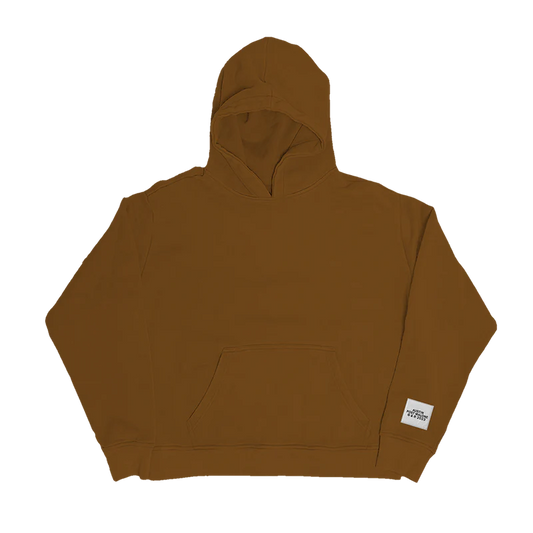 Brown Post Malone Austin hoodie with minimalist heavyweight streetwear design and subtle sleeve logo detail