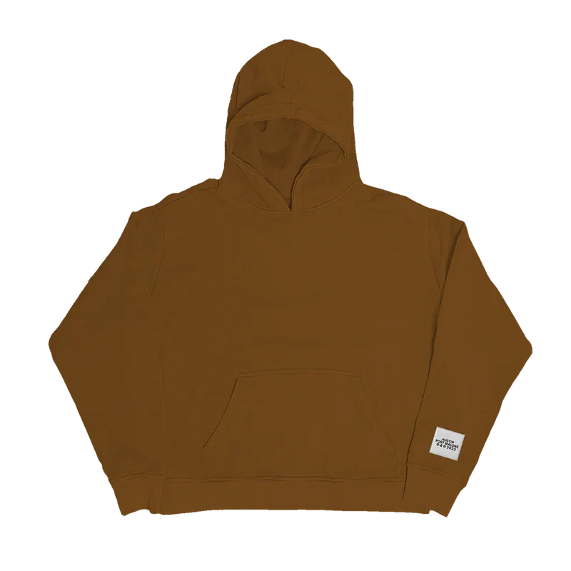 Brown Post Malone Austin hoodie with minimalist heavyweight streetwear design and subtle sleeve logo detail