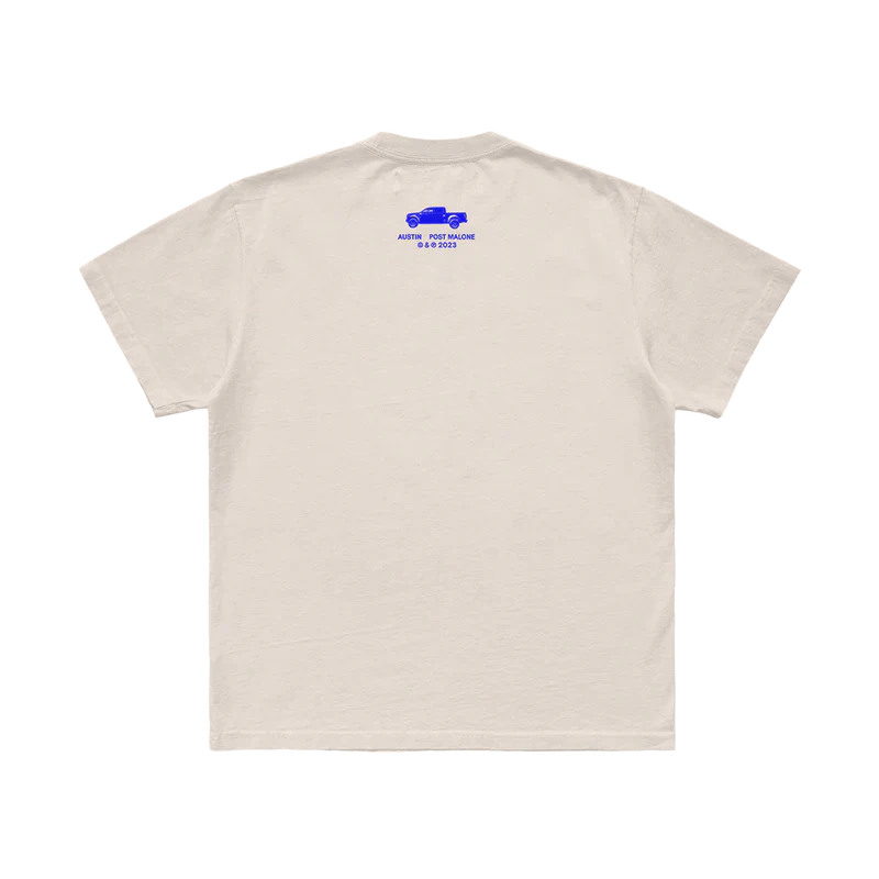 Back view of ivory Post Malone Austin tee with subtle blue logo detail and clean relaxed streetwear aesthetic