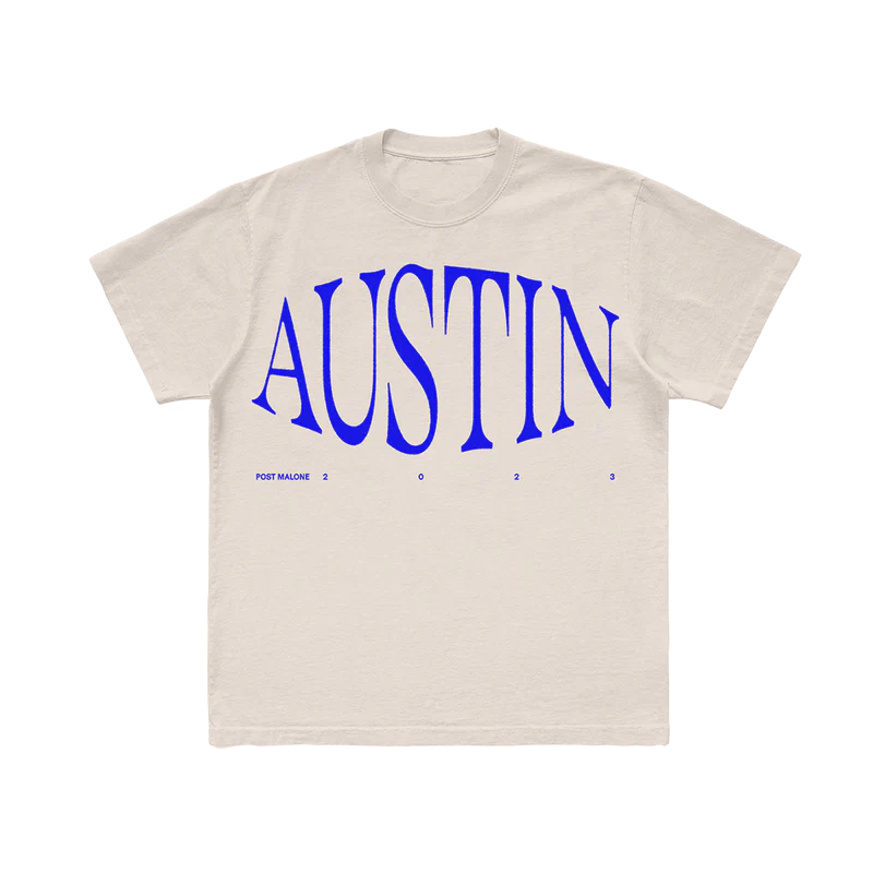 Ivory Post Malone Austin graphic tee with oversized blue album lettering and minimalist vintage streetwear design