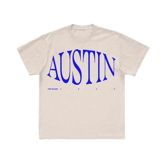 Ivory Post Malone Austin graphic tee with oversized blue album lettering and minimalist vintage streetwear design