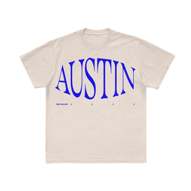 Ivory Post Malone Austin graphic tee with oversized blue album lettering and minimalist vintage streetwear design