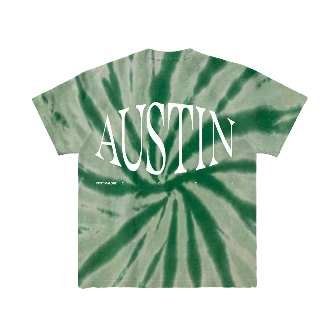 Green tie dye Post Malone Austin tee with oversized white album lettering and vintage-inspired streetwear aesthetic