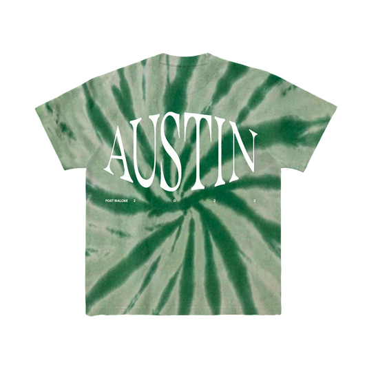Green tie dye Post Malone Austin tee with oversized white album lettering and vintage-inspired streetwear aesthetic