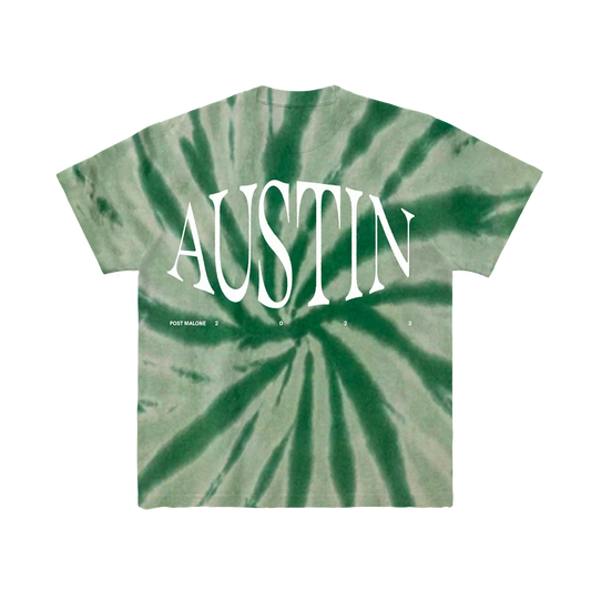 Green tie dye Post Malone Austin tee with oversized white album lettering and vintage-inspired streetwear aesthetic