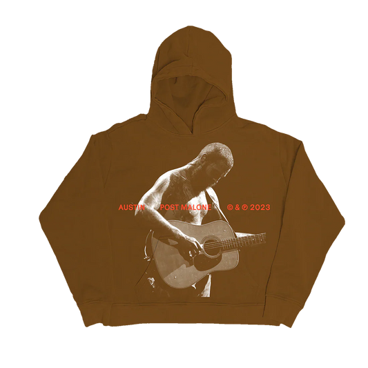 Front view of brown Post Malone Austin Guitar Streetwear Hoodie featuring acoustic guitar performance photo graphic and 2023 tour typography