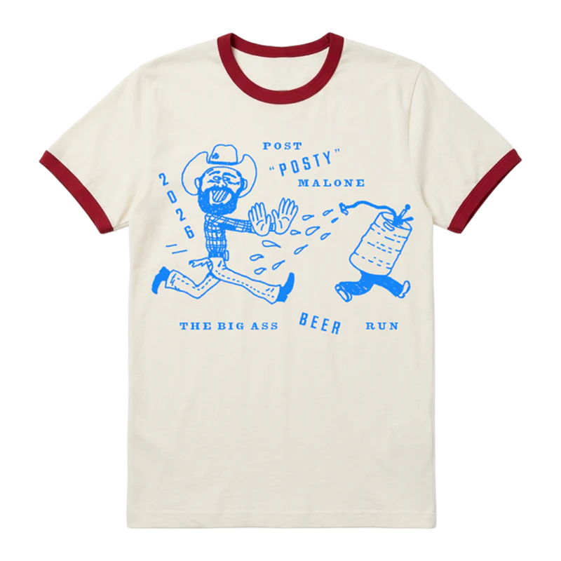 White and red Post Malone merch ringer tee with Beer Run cartoon graphic and Big Ass Stadium Tour artwork