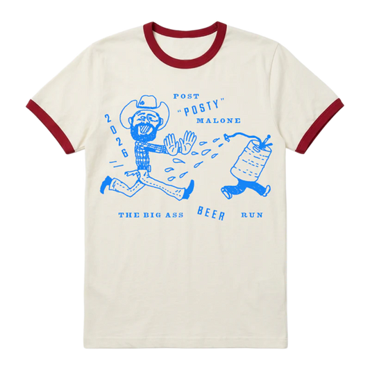 White and red Post Malone merch ringer tee with Beer Run cartoon graphic and Big Ass Stadium Tour artwork