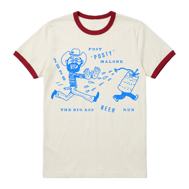 White and red Post Malone merch ringer tee with Beer Run cartoon graphic and Big Ass Stadium Tour artwork