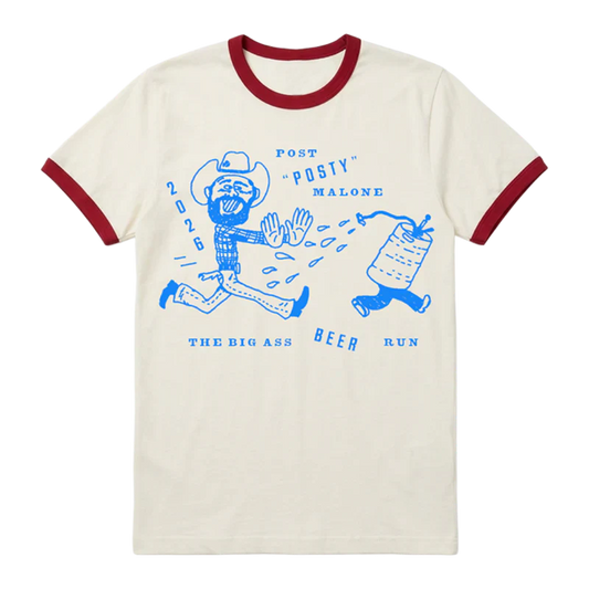 White and red Post Malone merch ringer tee with Beer Run cartoon graphic and Big Ass Stadium Tour artwork