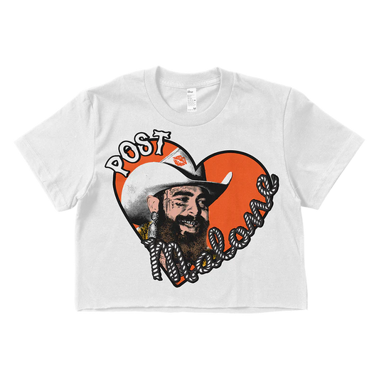 White Post Malone crop top featuring Big Ass Stadium Tour heart graphic with cowboy hat portrait and western-inspired typography