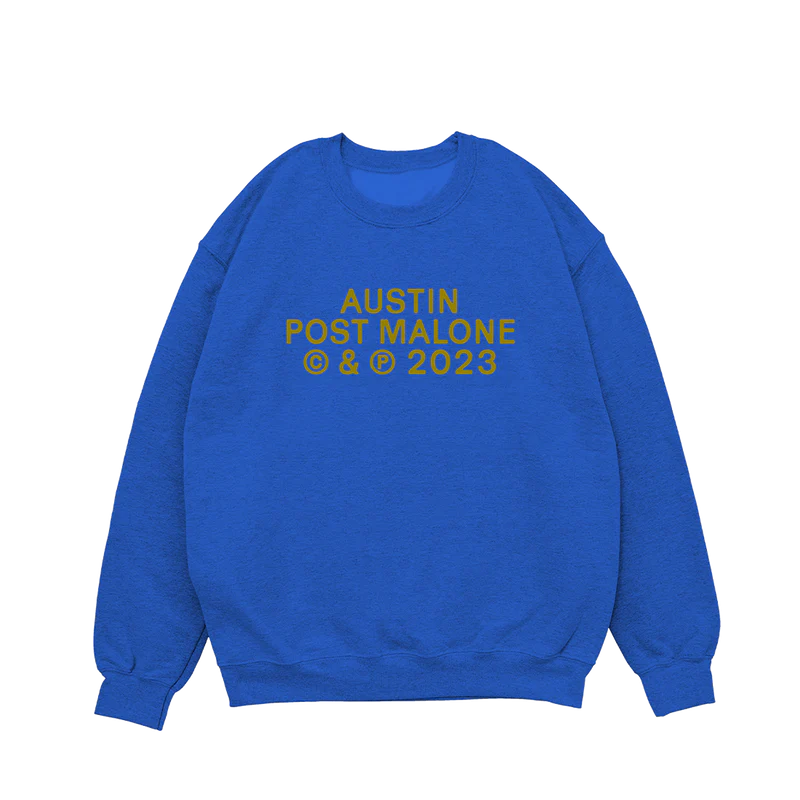 Front view of blue Post Malone Austin crewneck sweatshirt with minimalist 2023 tour typography graphic