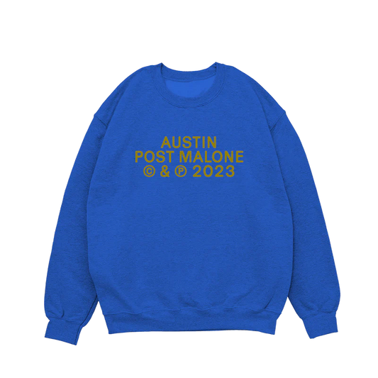 Front view of blue Post Malone Austin crewneck sweatshirt with minimalist 2023 tour typography graphic