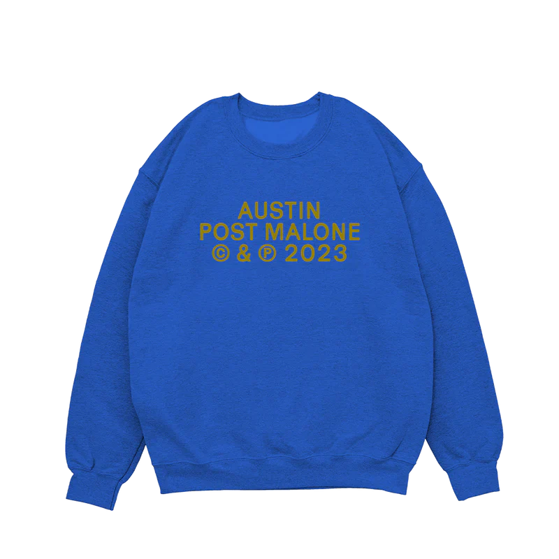 Front view of blue Post Malone Austin crewneck sweatshirt with minimalist 2023 tour typography graphic