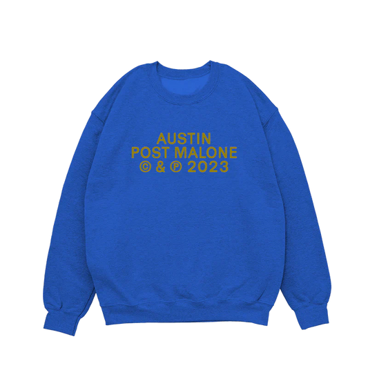 Front view of blue Post Malone Austin crewneck sweatshirt with minimalist 2023 tour typography graphic