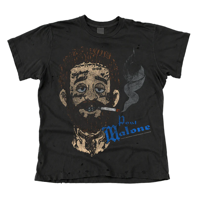 Front view of Post Malone x Cheatin Snakes black T-shirt with distressed portrait, cigarette detail, and blue gothic logo.