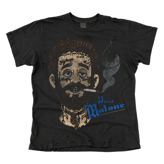Front view of Post Malone x Cheatin Snakes black T-shirt with distressed portrait, cigarette detail, and blue gothic logo.