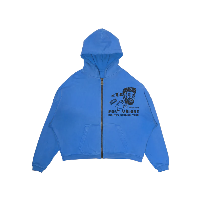 Front view of the blue Post Malone x Cheatin Snakes zip-up hoodie with portrait, Kansas City, and Big Ass Stadium Tour graphics.