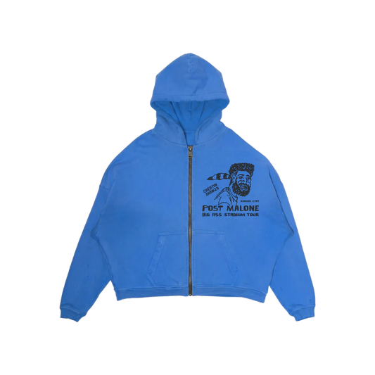 Front view of the blue Post Malone x Cheatin Snakes zip-up hoodie with portrait, Kansas City, and Big Ass Stadium Tour graphics.
