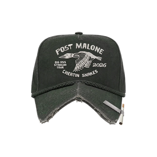 Front view of a distressed charcoal Post Malone x Cheatin Snakes hat with white 2026 tour embroidery and braided rope detail.